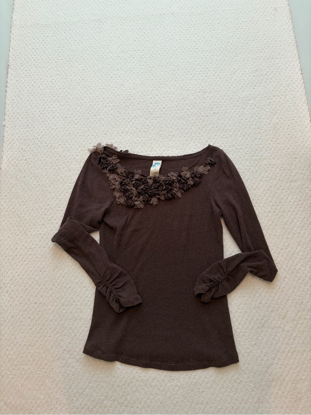 ANTHROPOLOGIE C Keer Women's Brown 3D Appliqué Floral-Trim Long Sleeve Top Small